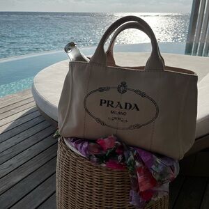 Prada Canapa Tote Bag 14 inch beige 100% AUTHENTIC